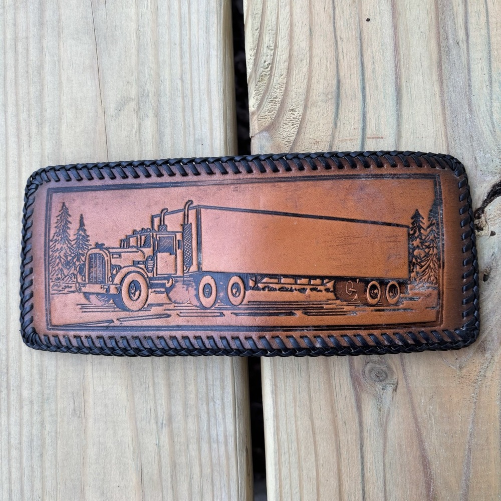 Vintage BiFold Leather Wallet Semi Trucking Hand Tooled Handmade Whipstitch USA